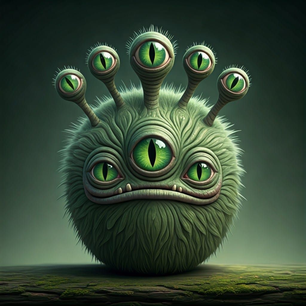 Whimsical Sage Green Monster with Piercing Magical Eyes
