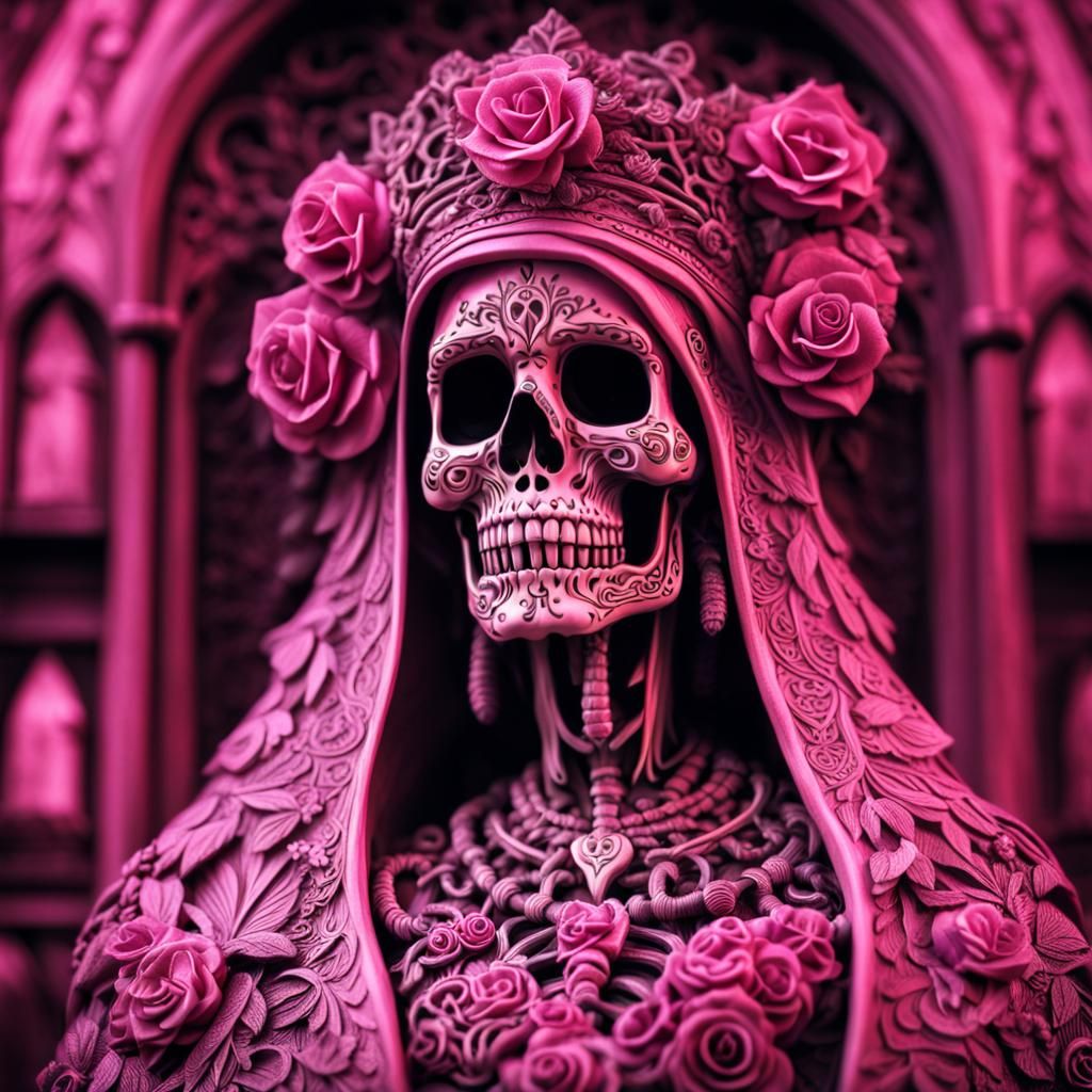 Pink Santa Muerte in Hyperrealistic Style
