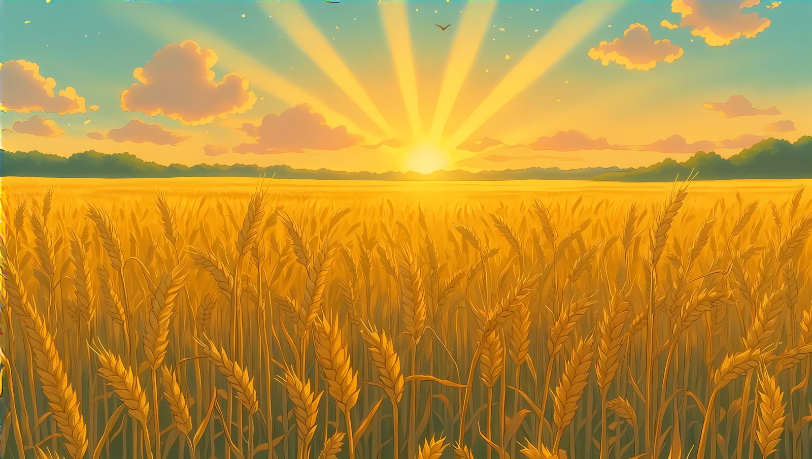 Wheat Field Sunset in Dreamlike Ghibli Style