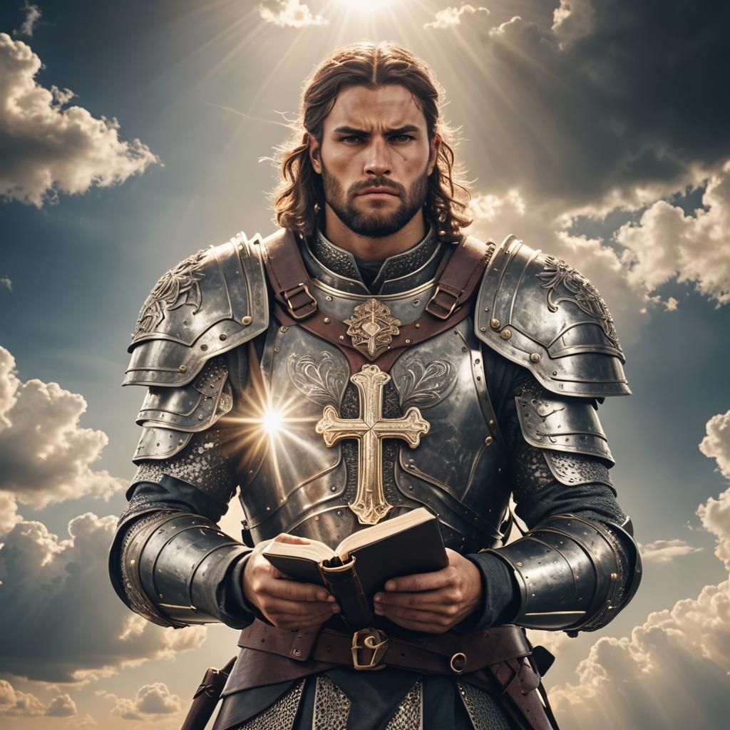 Christian Warrior with Bible in Divine Light