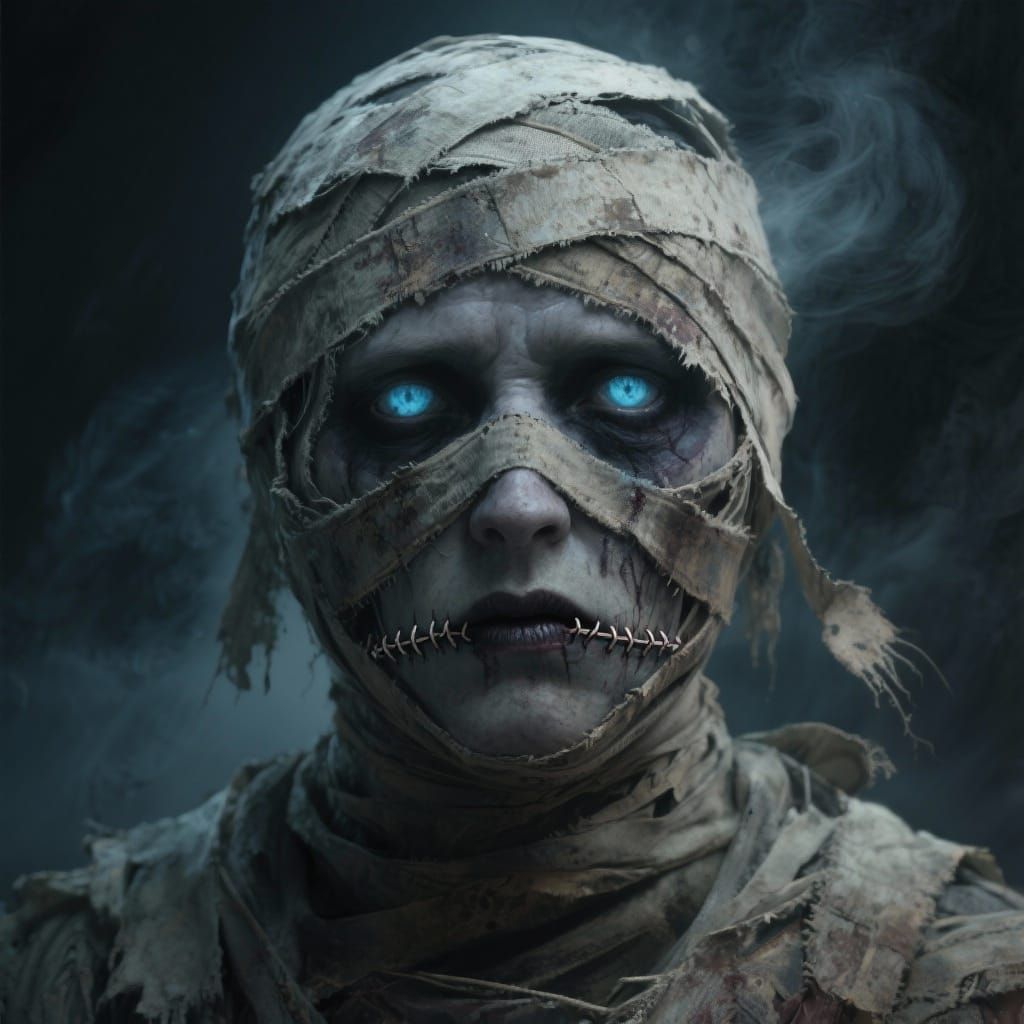 Haunting Bandaged Figure with Pale Blue Eyes