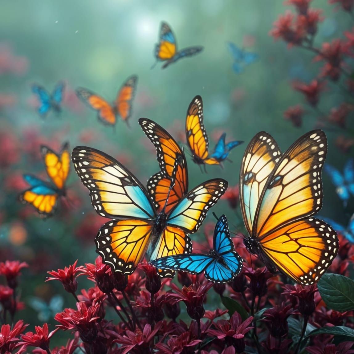 Vibrant Butterflies Emerge from a Deep Red Bush