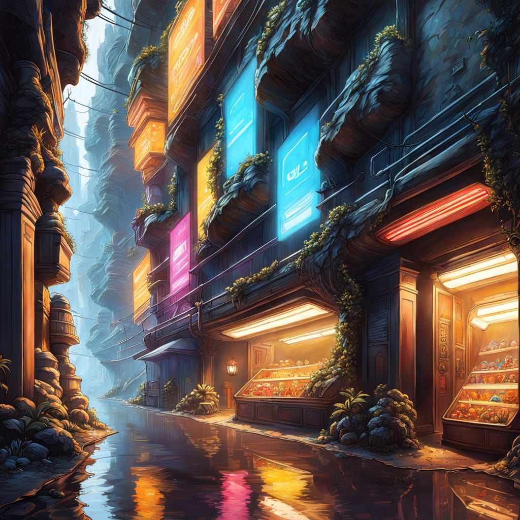 Epic Underground Fantasy Cityscape in Vibrant Colors