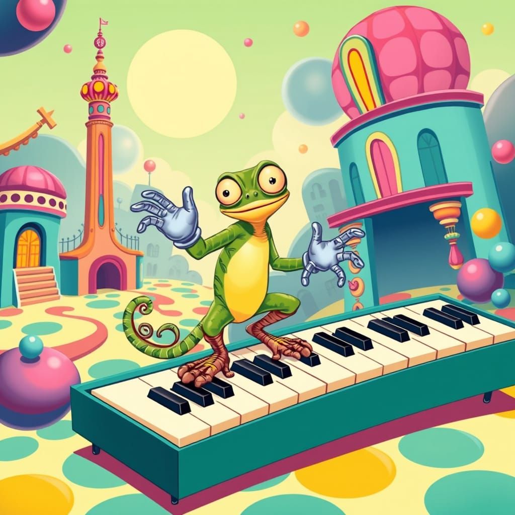 Tap-Dancing Chameleon in Rubberhose Animation Style