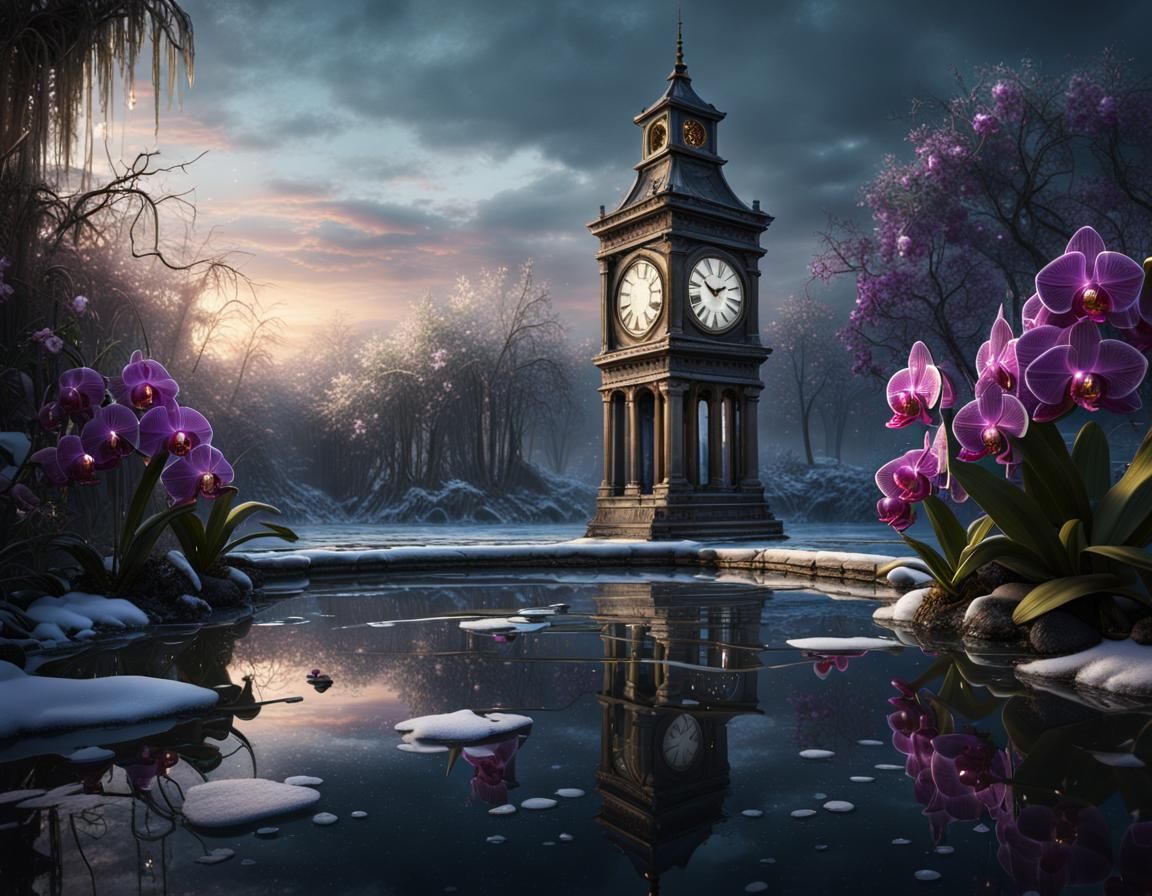 Clock Tower Beside Frozen Pond with Orchids