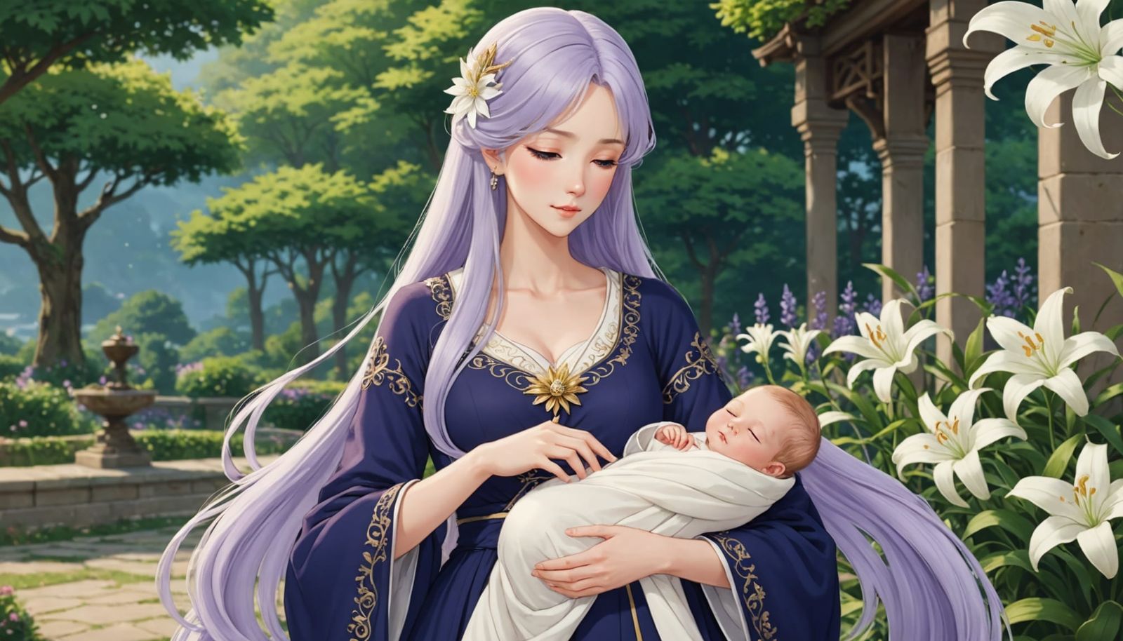 Anime Noblewoman with Baby in Royal Garden