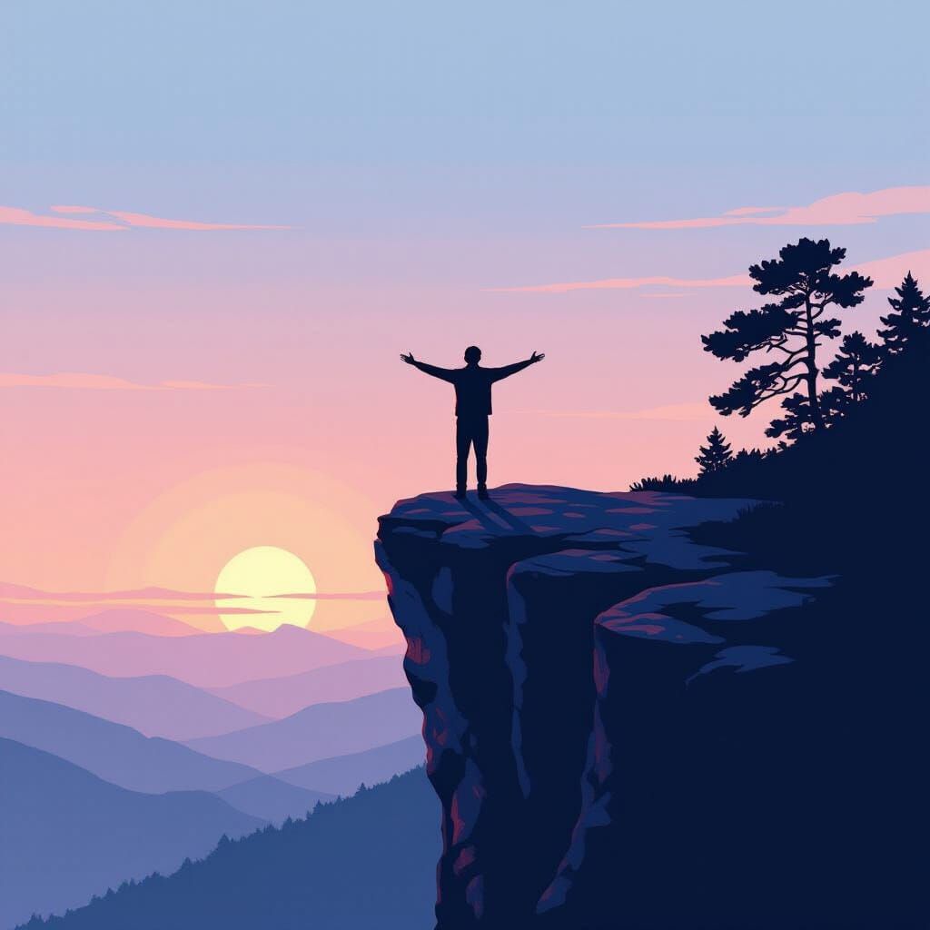 Triumphant Silhouette on Rocky Cliff, Pastel Sky