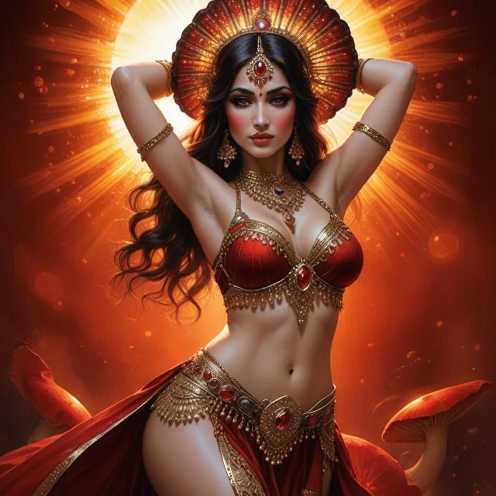 Exquisite Belly Dancer in Vibrant Red Mushroom Art