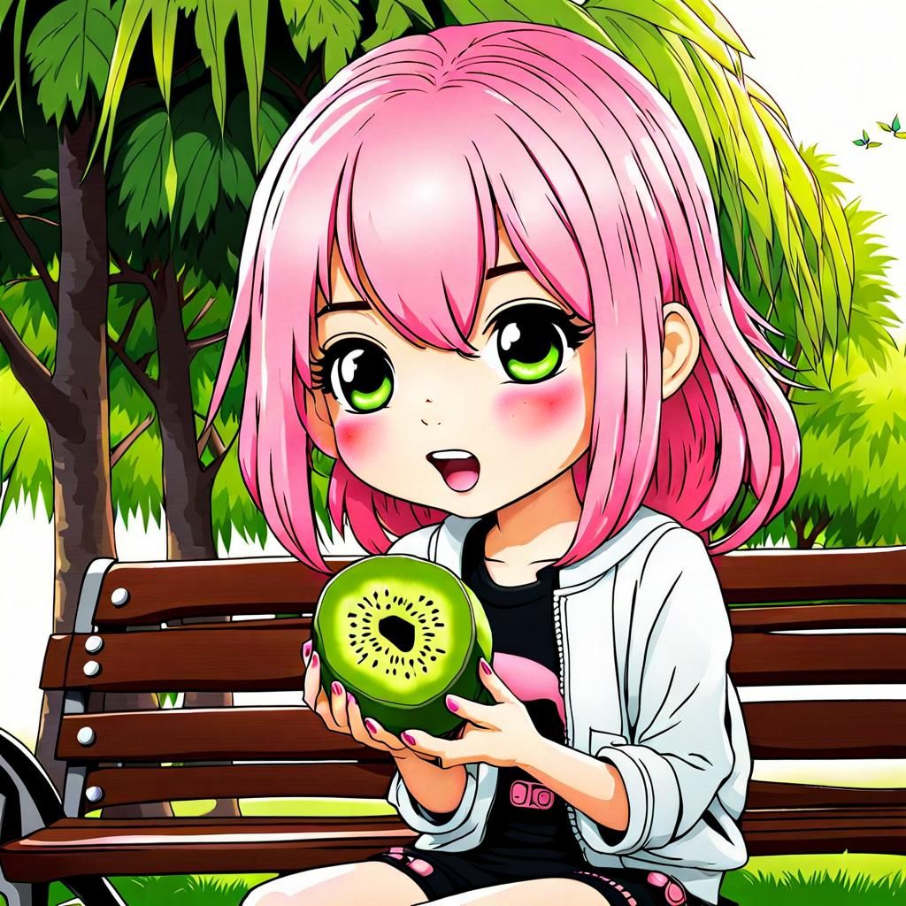Pink-Haired Girl Eating Kiwi: Chibi Anime Art