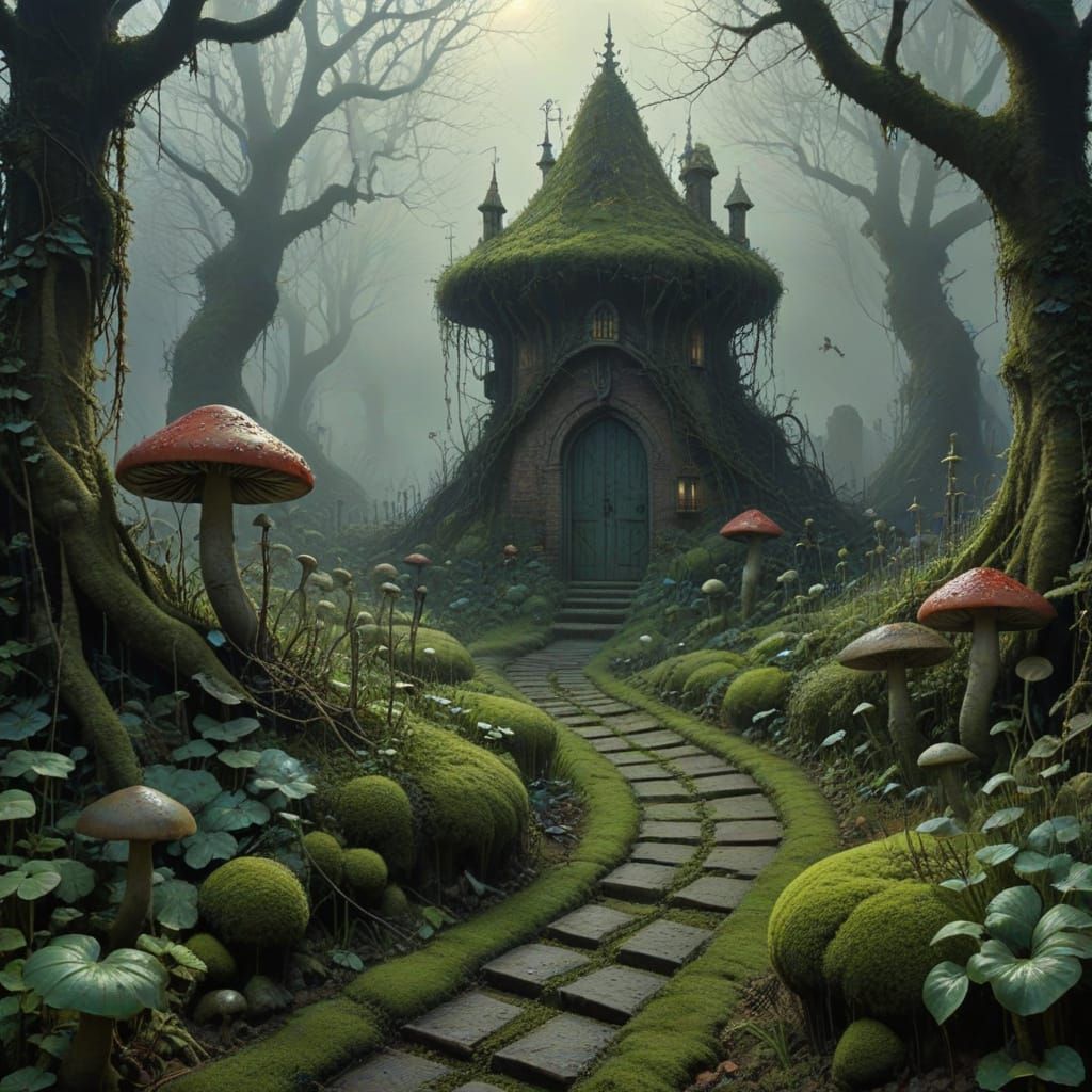 Misty Horror Garden with Thorns and Toadstools