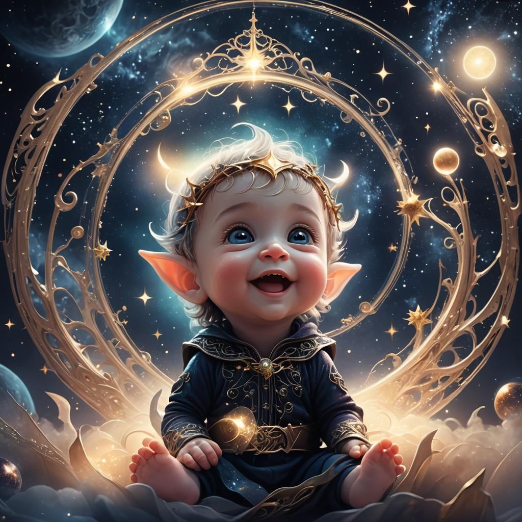 Happy Elf Baby in a Mystical Space Scene