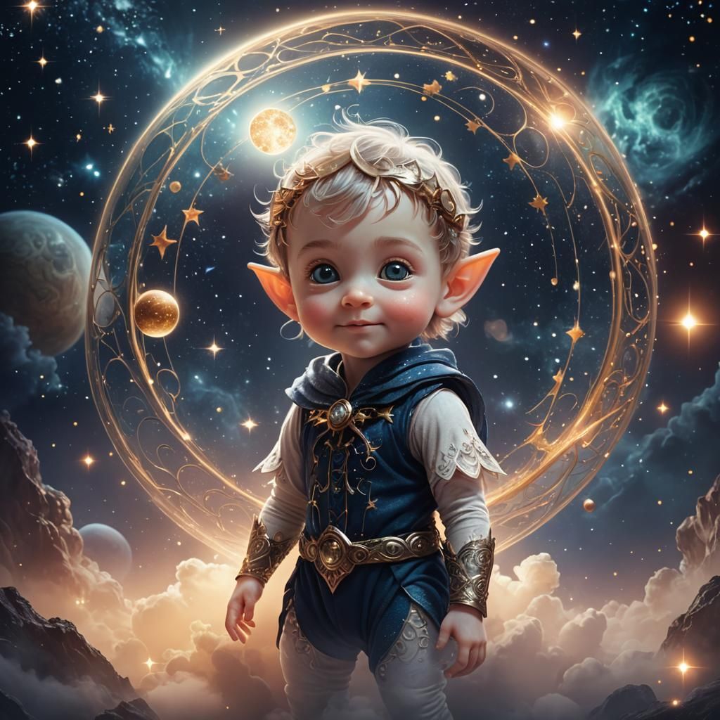 Ethereal Baby Elf with Planet Background