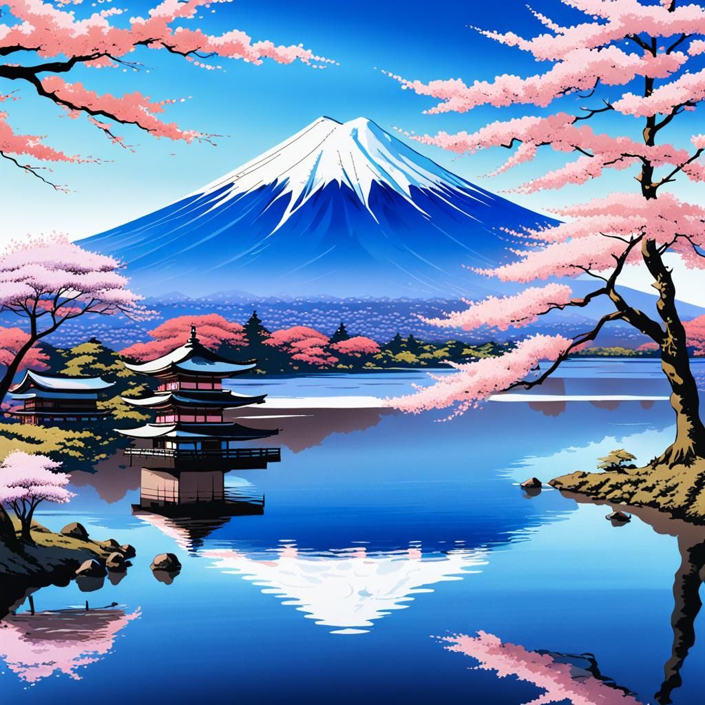 Ukiyo-e Art: Serene Lake and Mount Fuji