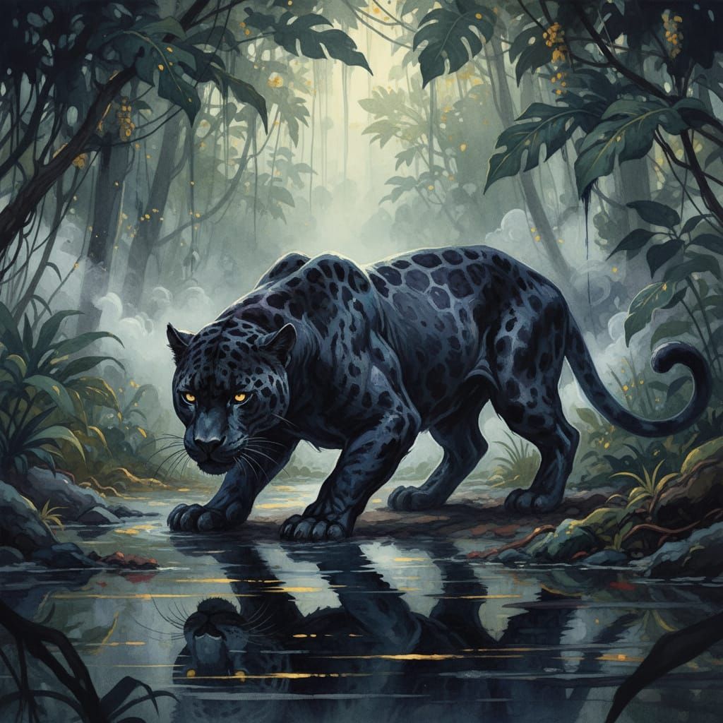 Inky Black Jaguar in Flooded Rainforest at Dusk