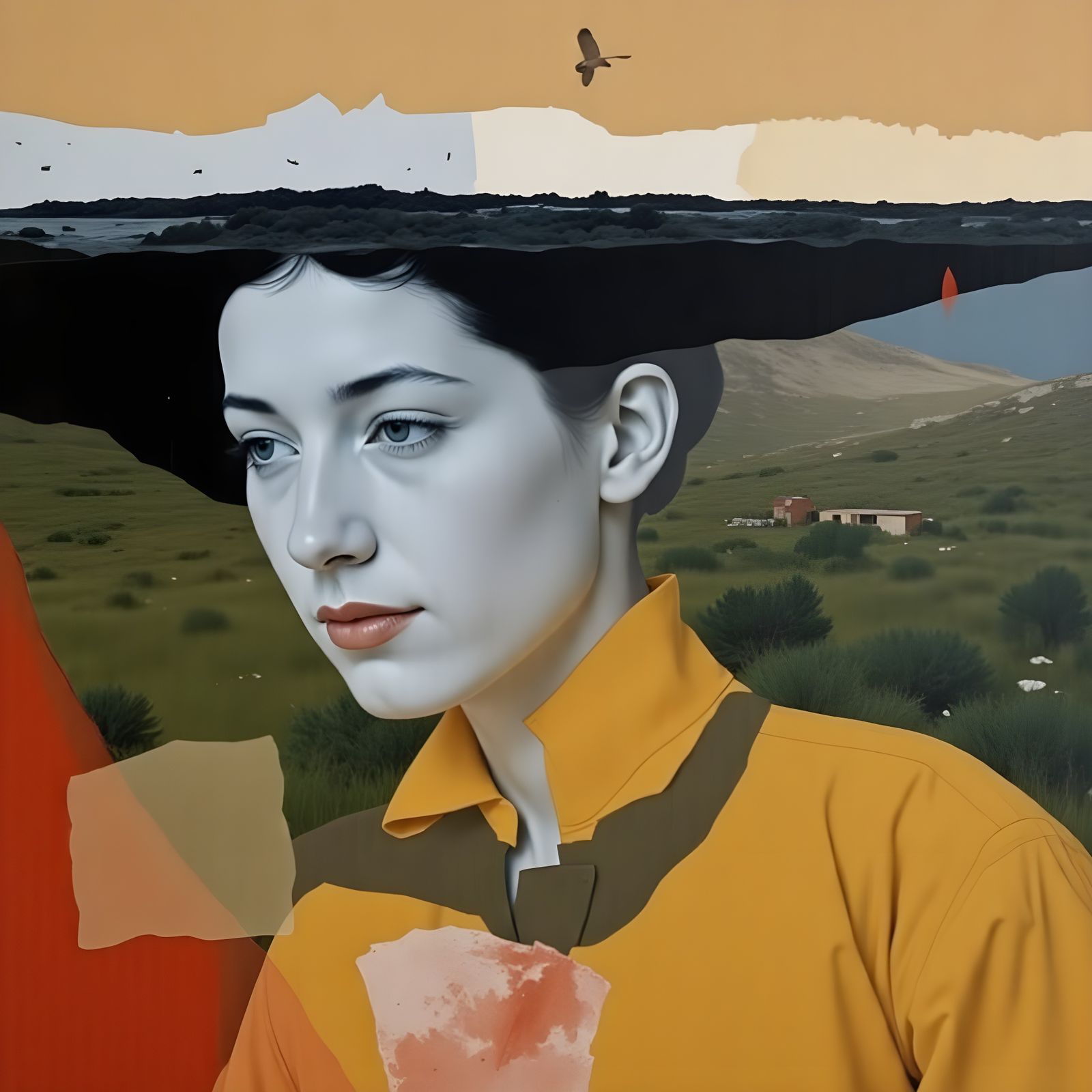 Double Exposure Portrait with Halftone Texture and Grid Over...