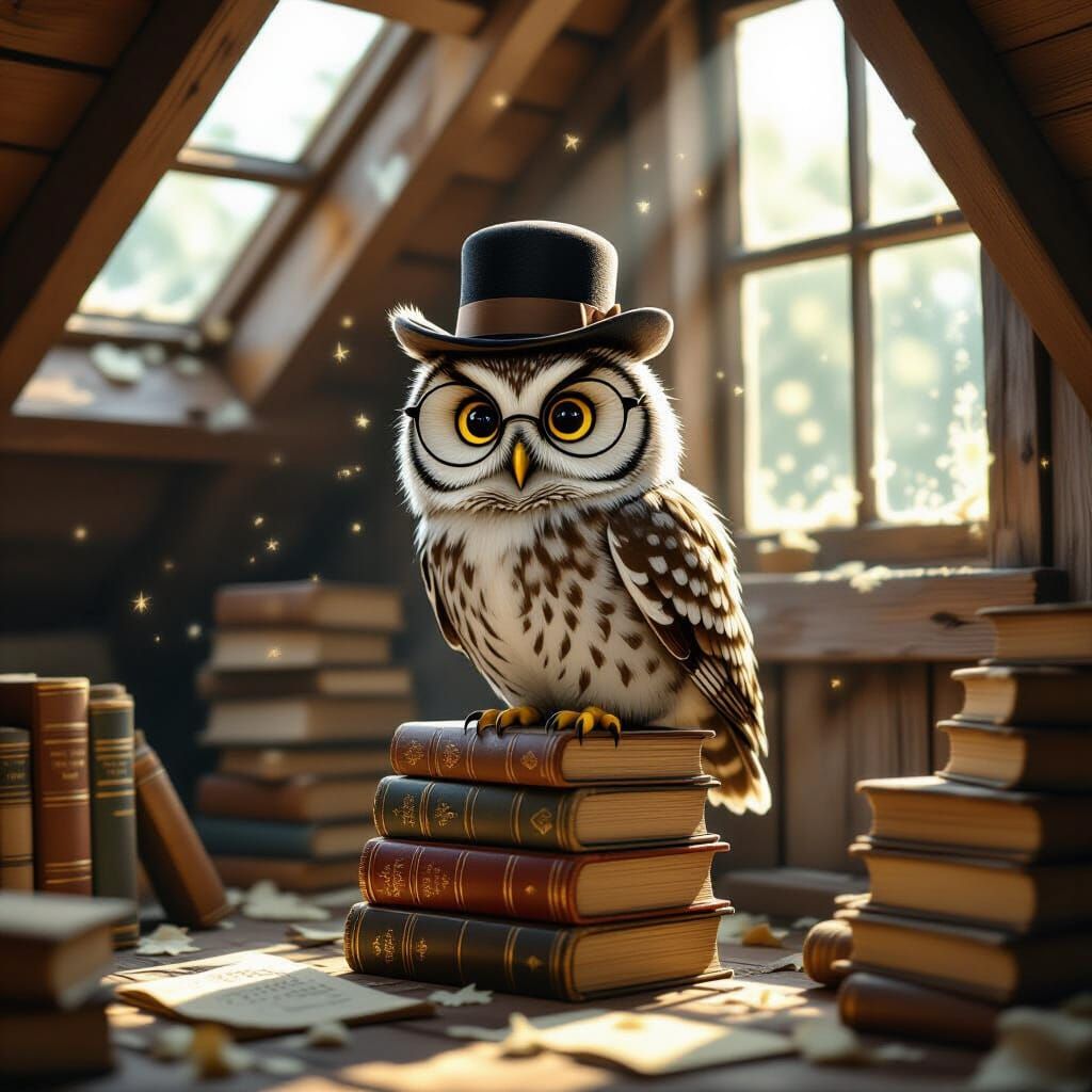 Cartoon Owl in Bowler Hat on Books, Vintage Attic