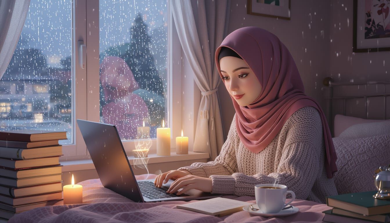 Cozy Muslim Girl Working in Serene Bedroom