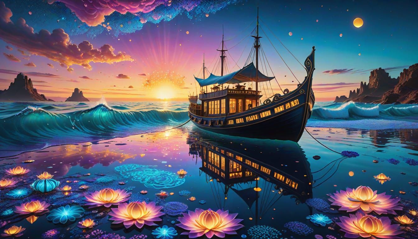 a vast, surreal ocean where the waves are made of iridescent...