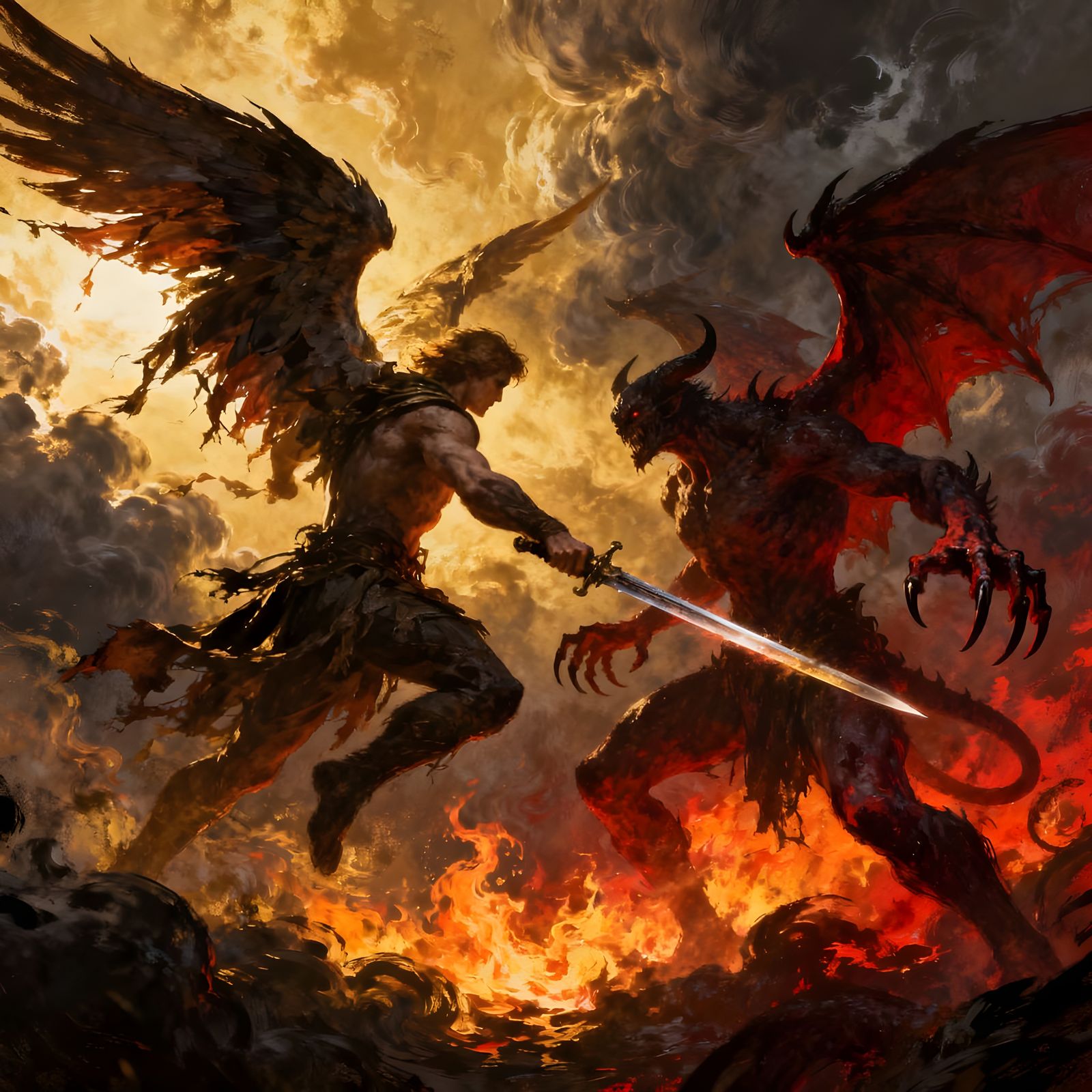 Fallen Angels Battle in Fiery Clouds, Doré & Rutkowski Inspi...