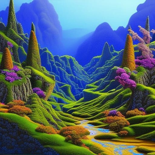 Fantasy Village Landscape with Lush Trees