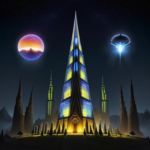 Futuristic Arcology Spire with UFOs: Surreal Watercolor Pain...
