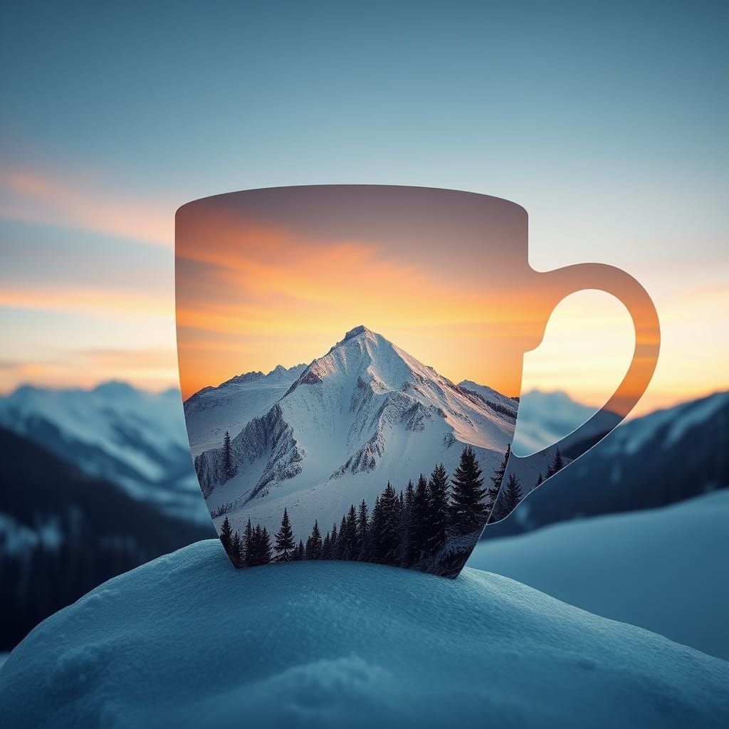 Coffee Silhouette Amidst Snowy Mountainside in Dreamlike Dou...
