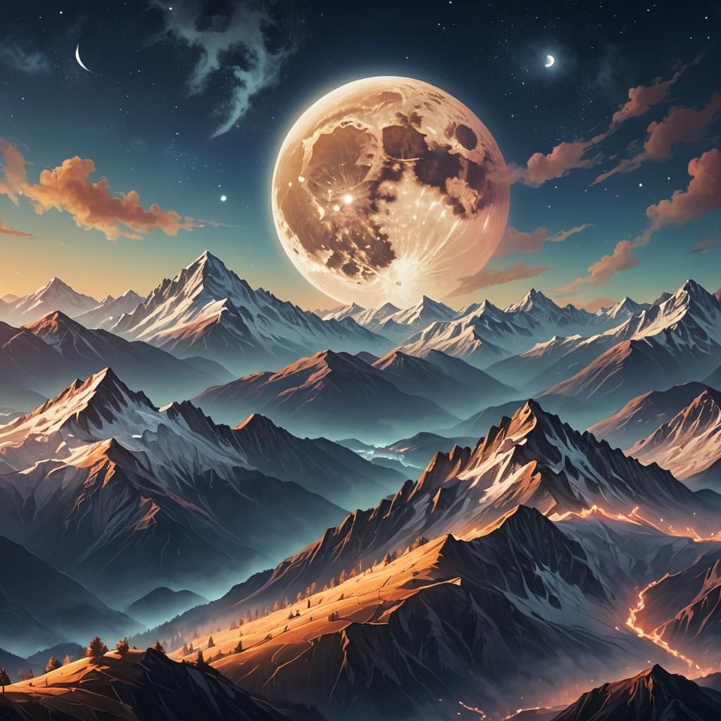 Glowing Super Full Moon Over Mountain Range