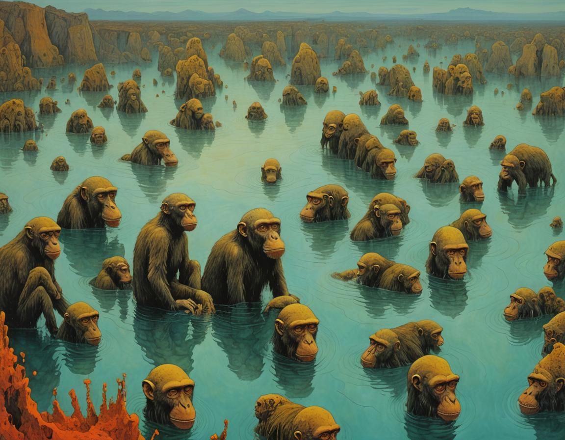 Surreal Monkey Seascape in Abstract Gouache Style