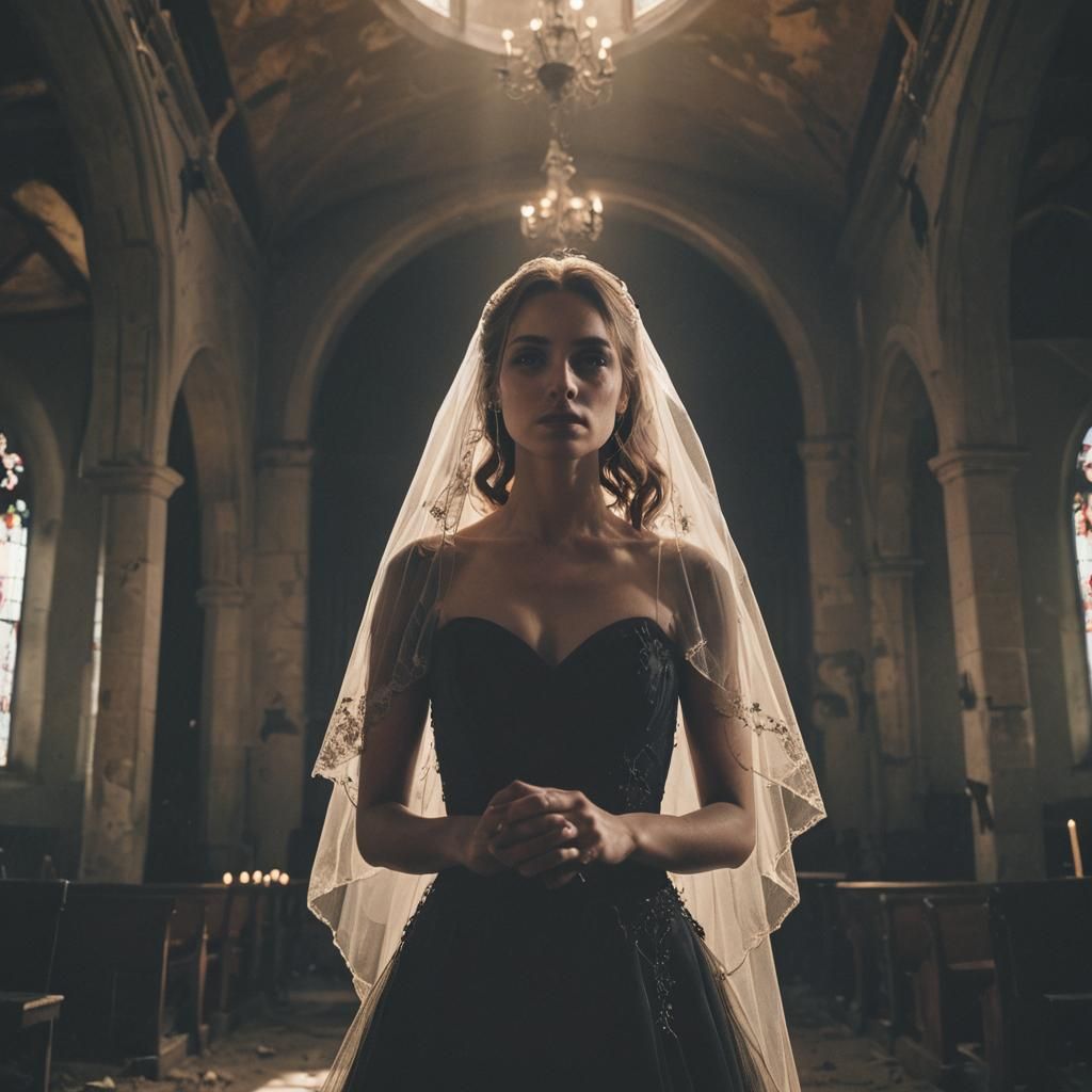 Black Wedding Dress in Abandoned Church, Film Noir