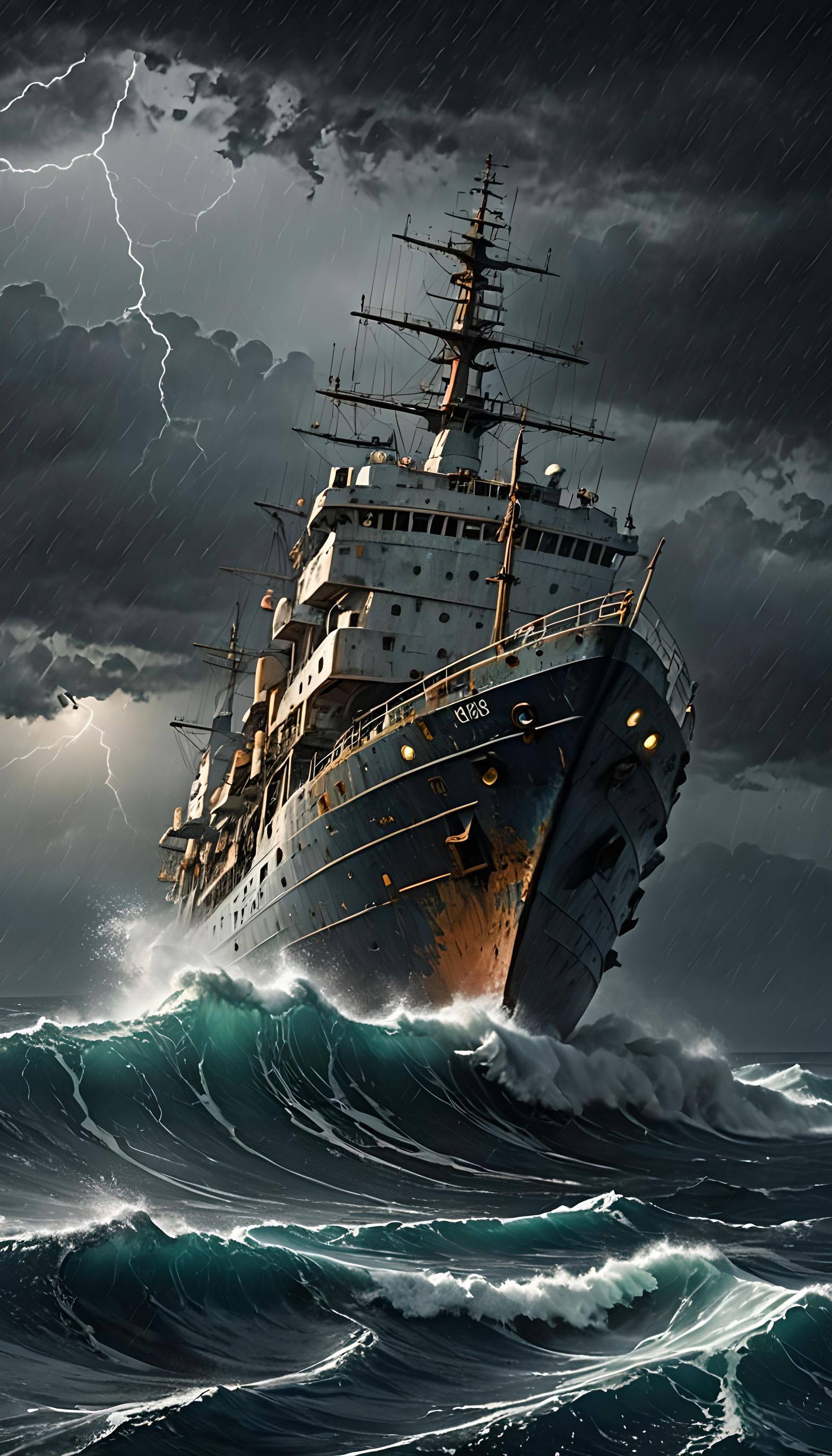 Abandoned Ship in Stormy Ocean at Night