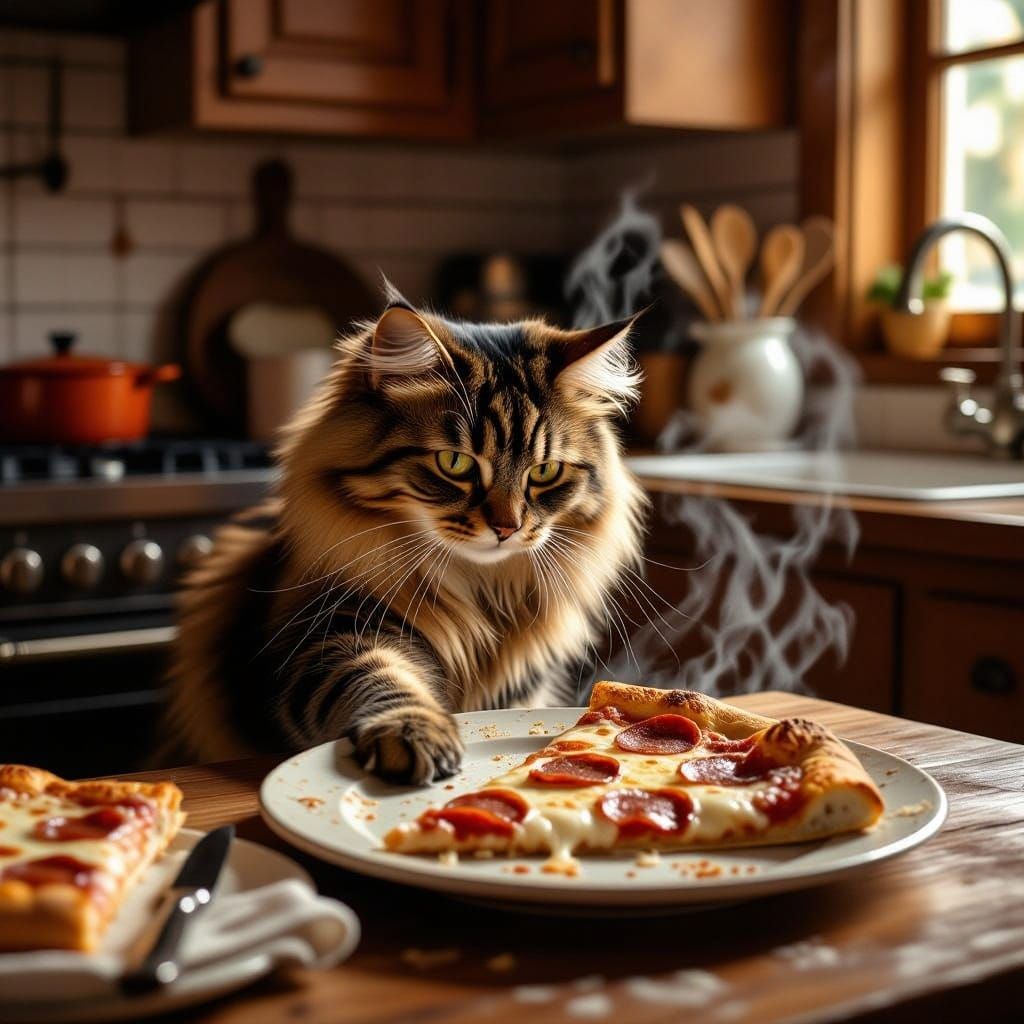 Curious Cat Reaching for Pizza, in Vermeer Style
