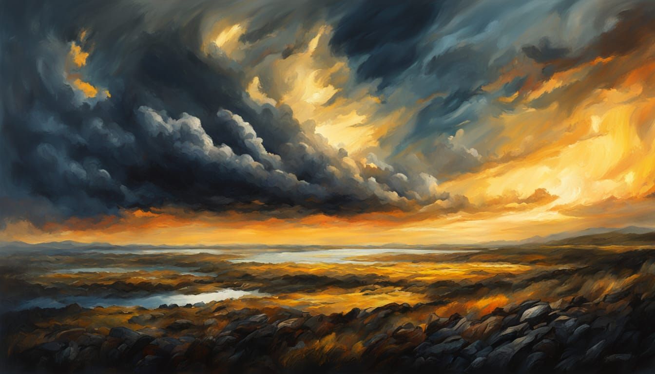 Atmospheric Landscape Painting: Bright Horizon Under Dark Cl...