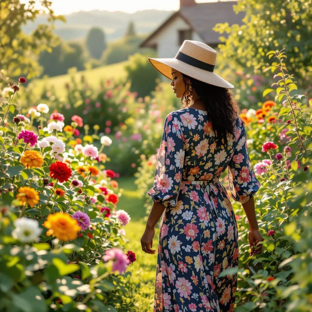 Elegant Gardener Inspects Flowers in Lush Country Garden