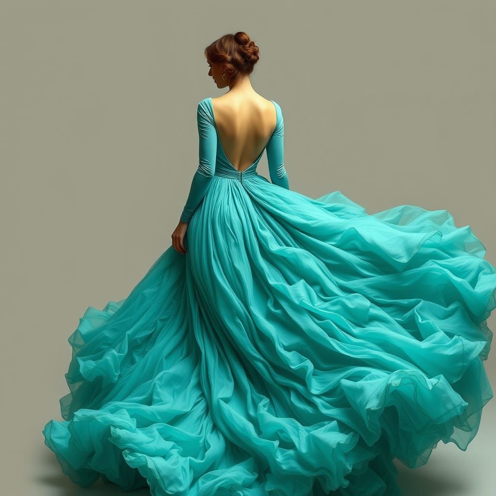 Woman in Turquoise Gown Art Nouveau Style