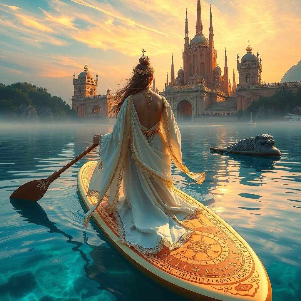 Goddess Rides Golden Paddleboard Across Turquoise Lagoon Tow...
