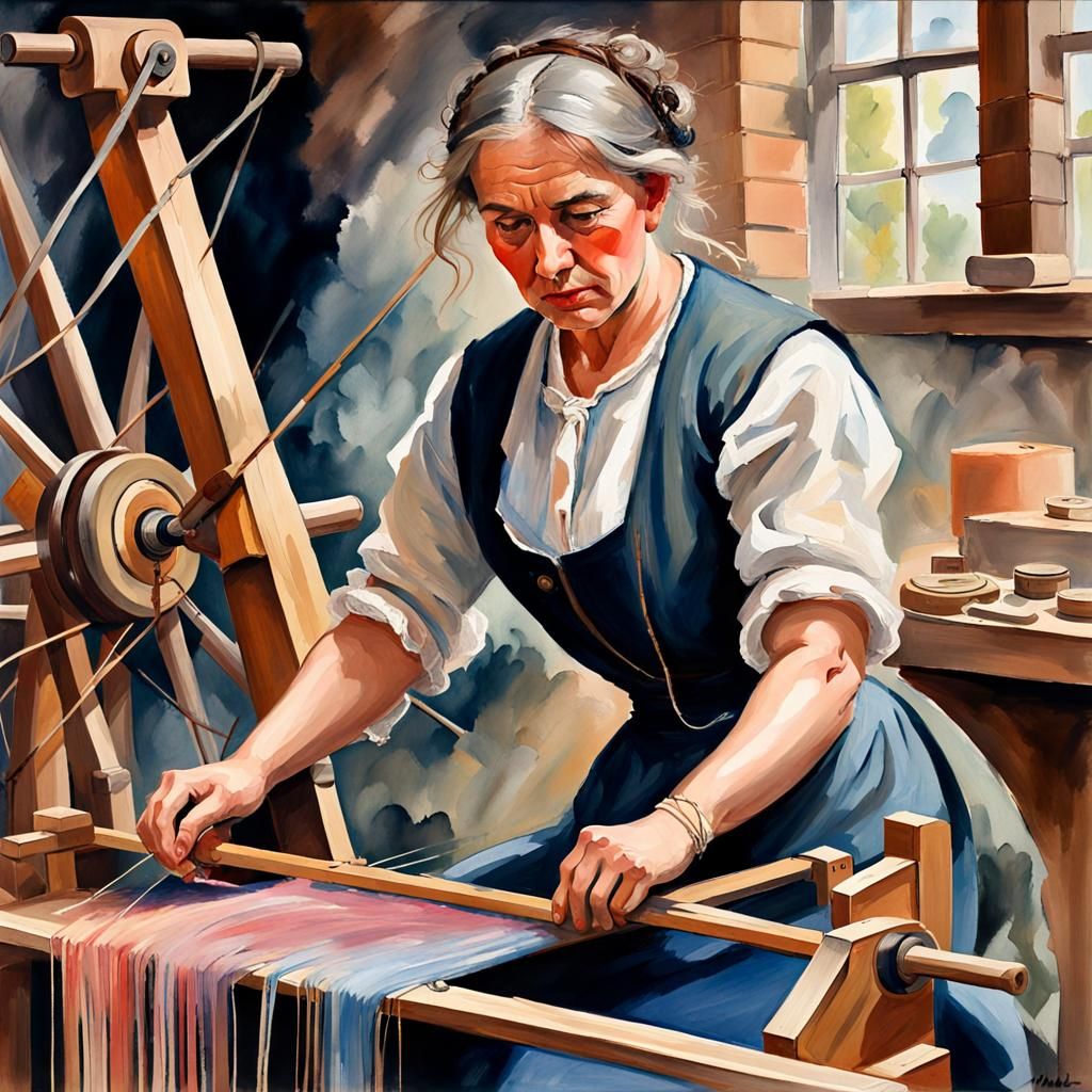 Industrial Revolution Weaving Wheel in Gouache Style
