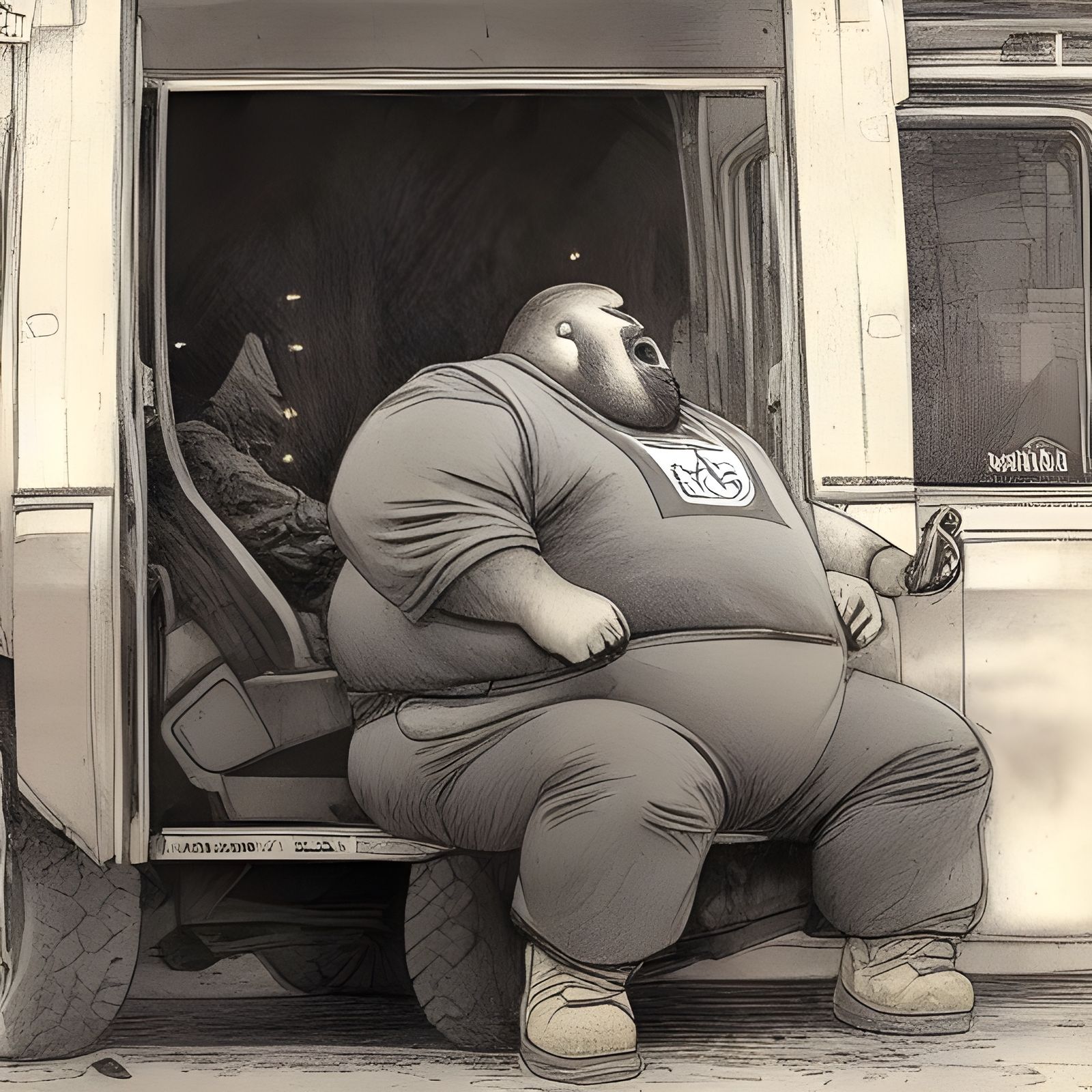 Horror Style Chubby Guy Eating Burger in Truck