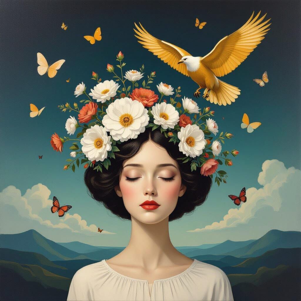 Surreal Woman With Eagle and Flowers in Dreamscape