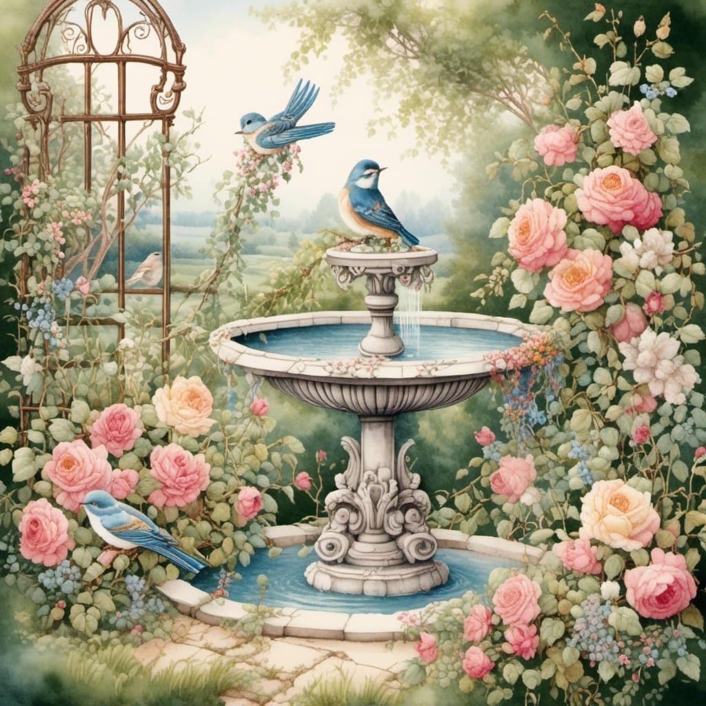 Victorian Gardenscape: Songbird at the Birdbath