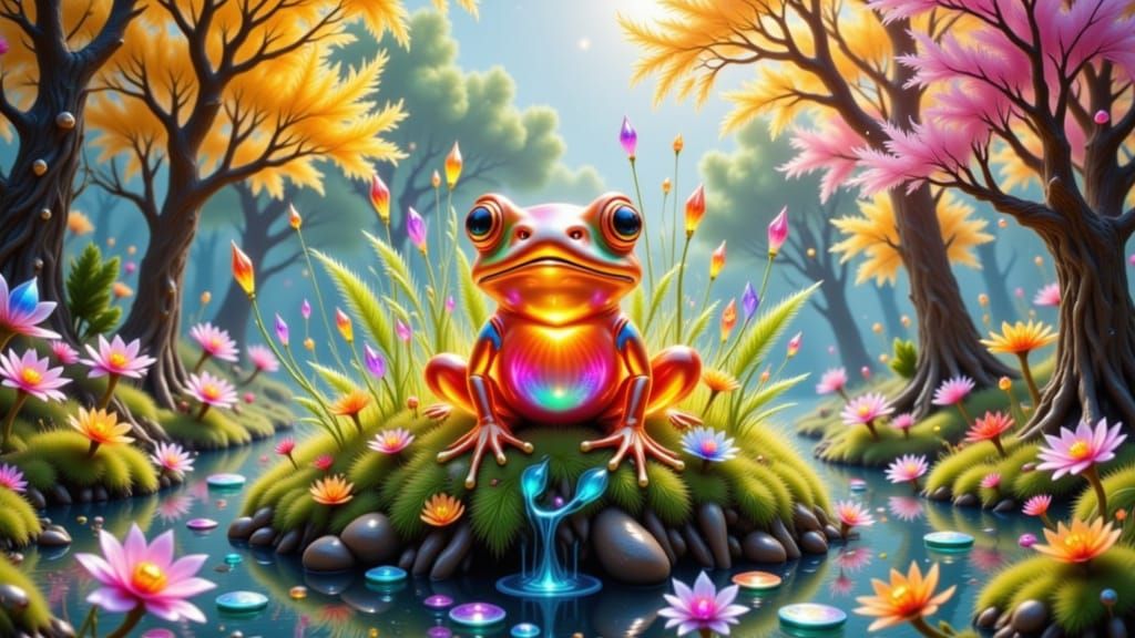 Vibrant Forest Scene with Crystal Frog under Sunny Sky