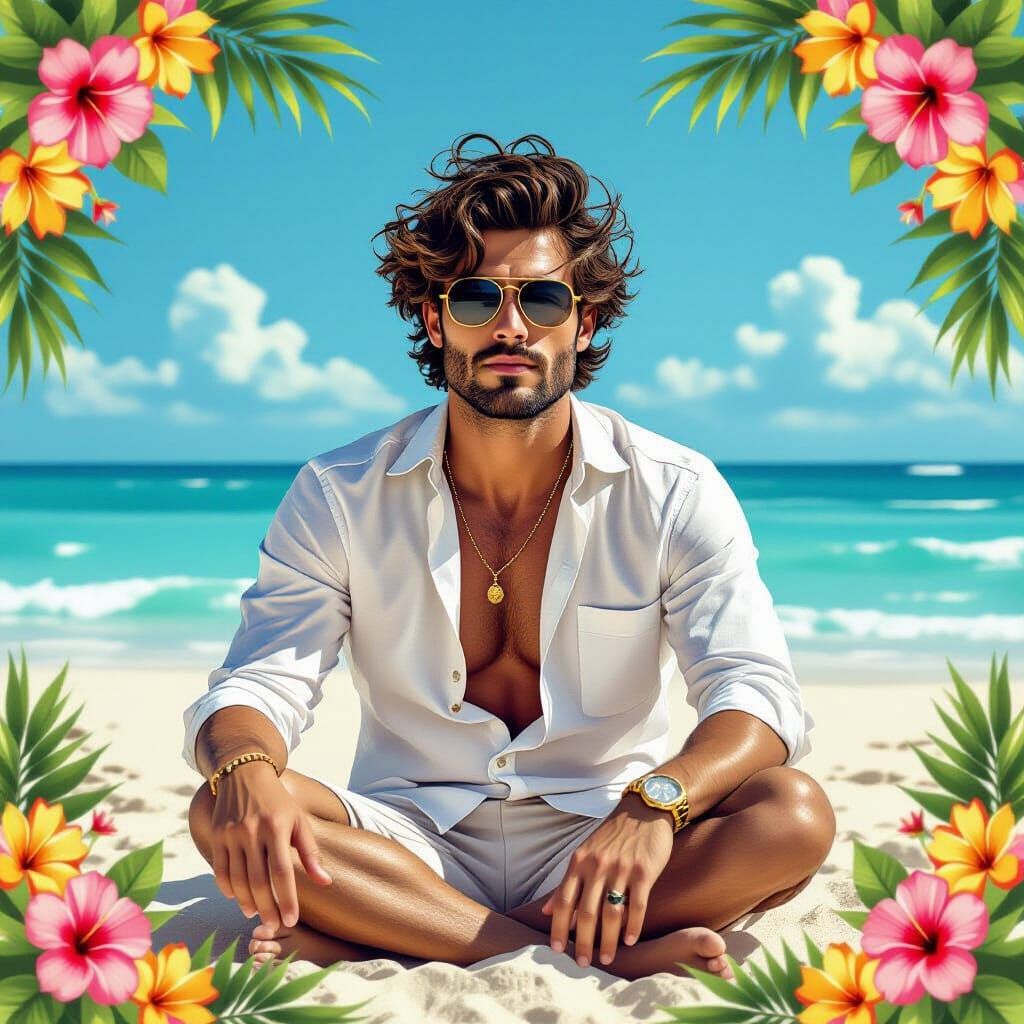 Elegant Man on Tropical Beach in Impressionist Style