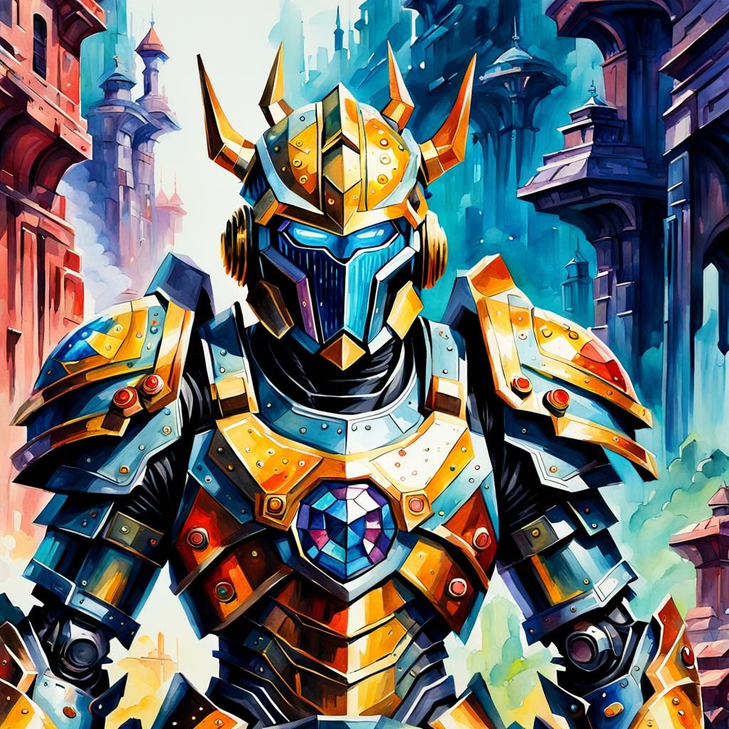 Gem-Powered Armor in Gouache Style