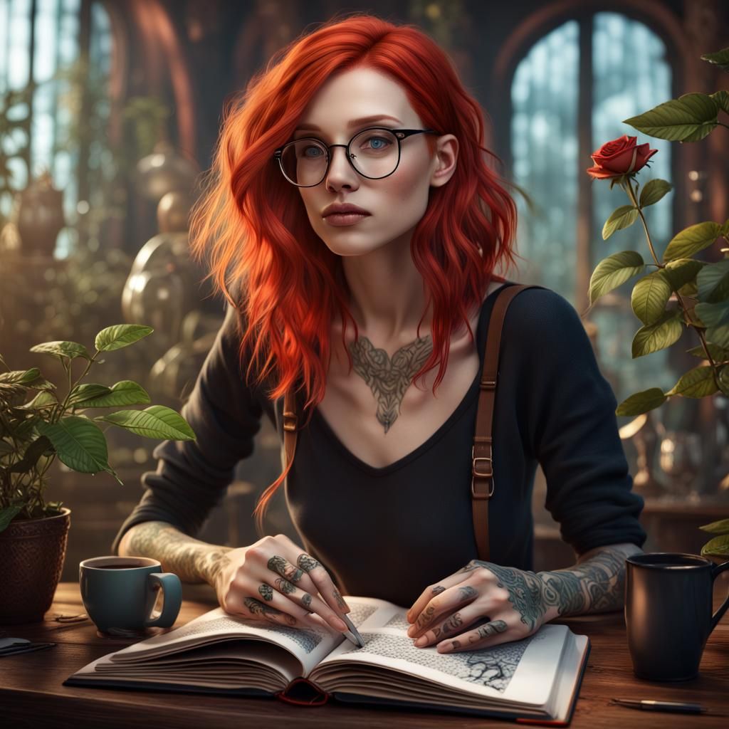 Book Reader with Tattoos in Fantasy Art
