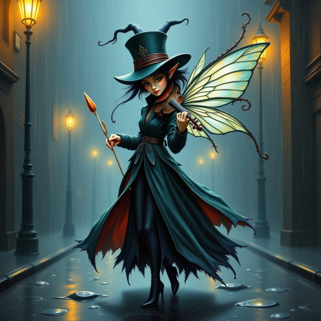 Fairy Busker Dancing in the Rain as Digital Art