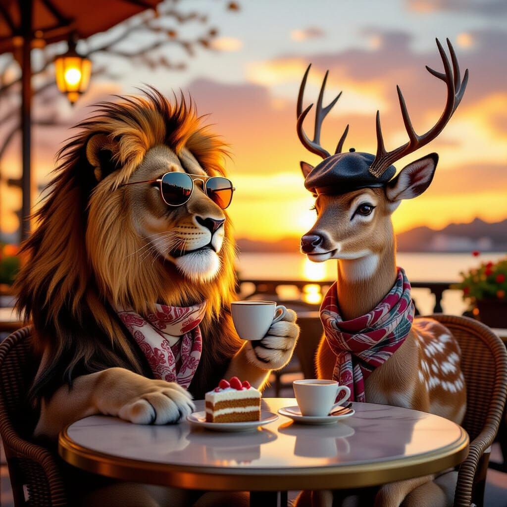 Lion and Deer Share Cake at Sunset Cafe