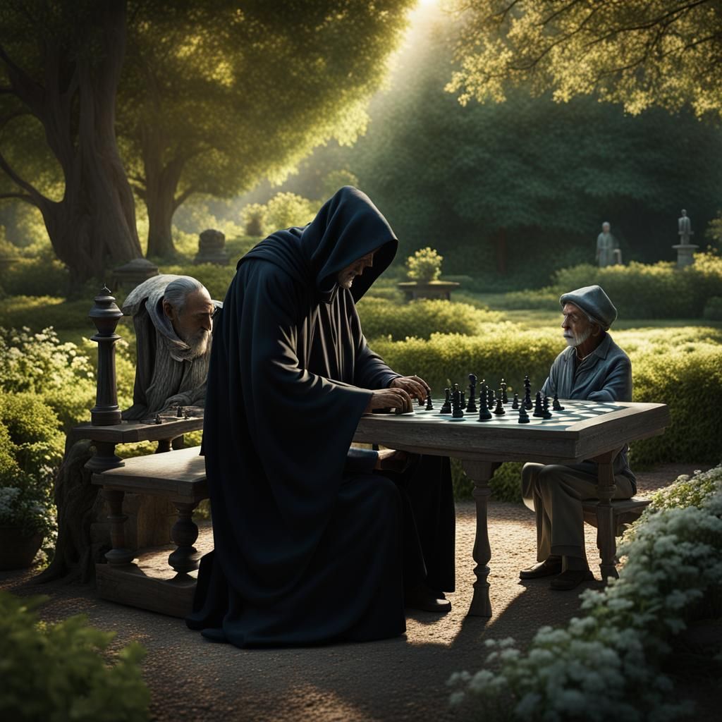 Grim Reaper and Elderly Man Play Chess