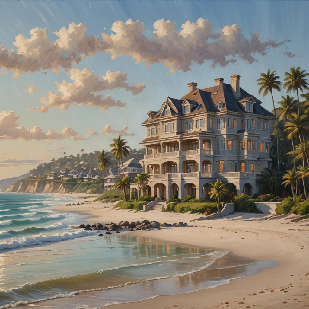 Grand Beachfront Mansion as Oil Painting