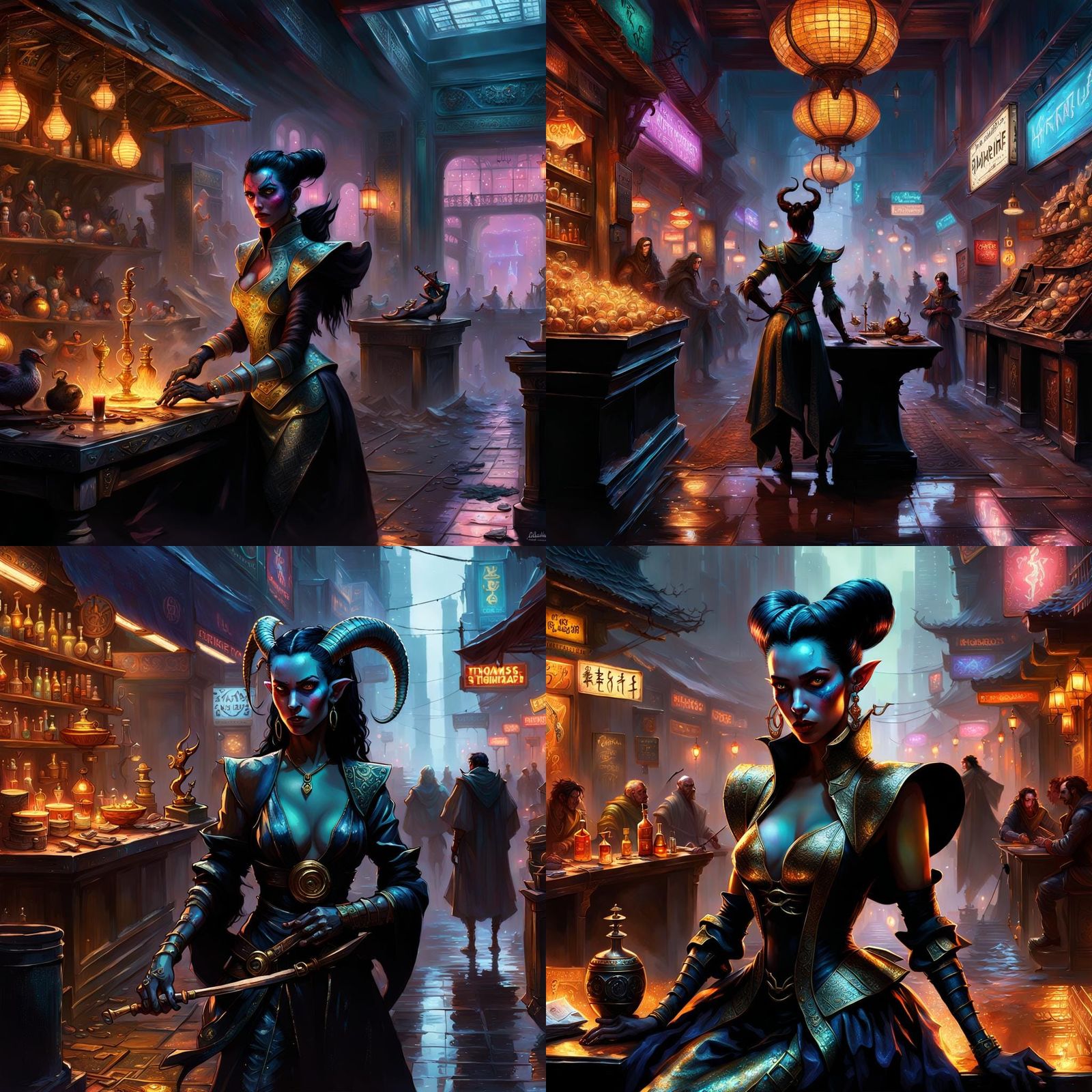 Tiefling Bard at Brothel in Cyberpunk Fantasy