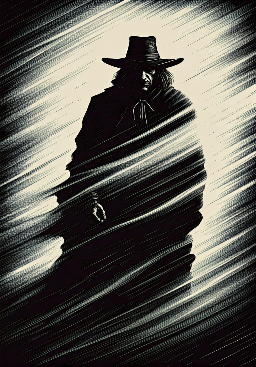 A dark figure in a cloak and broad brimmed hat striding towa...