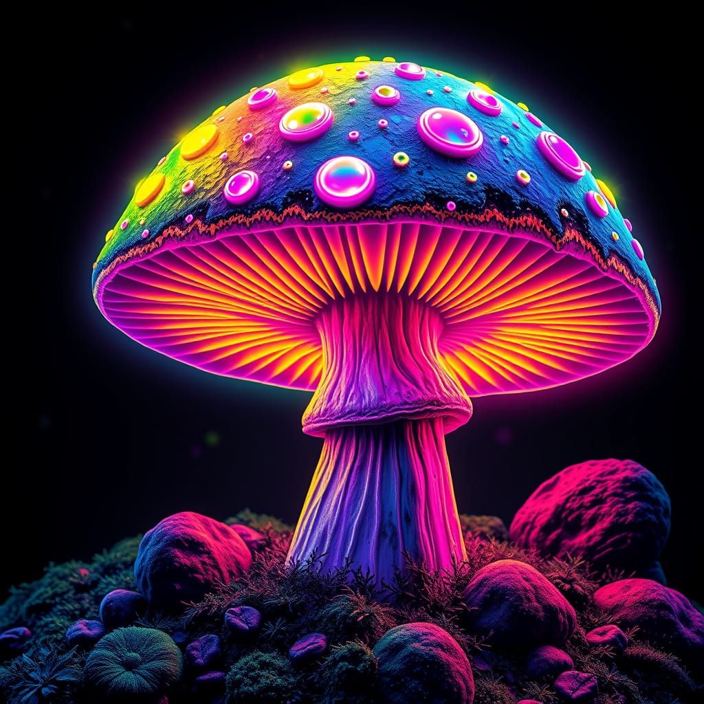 Vibrant Groovy Mushroom in Neon Rainbow Hues